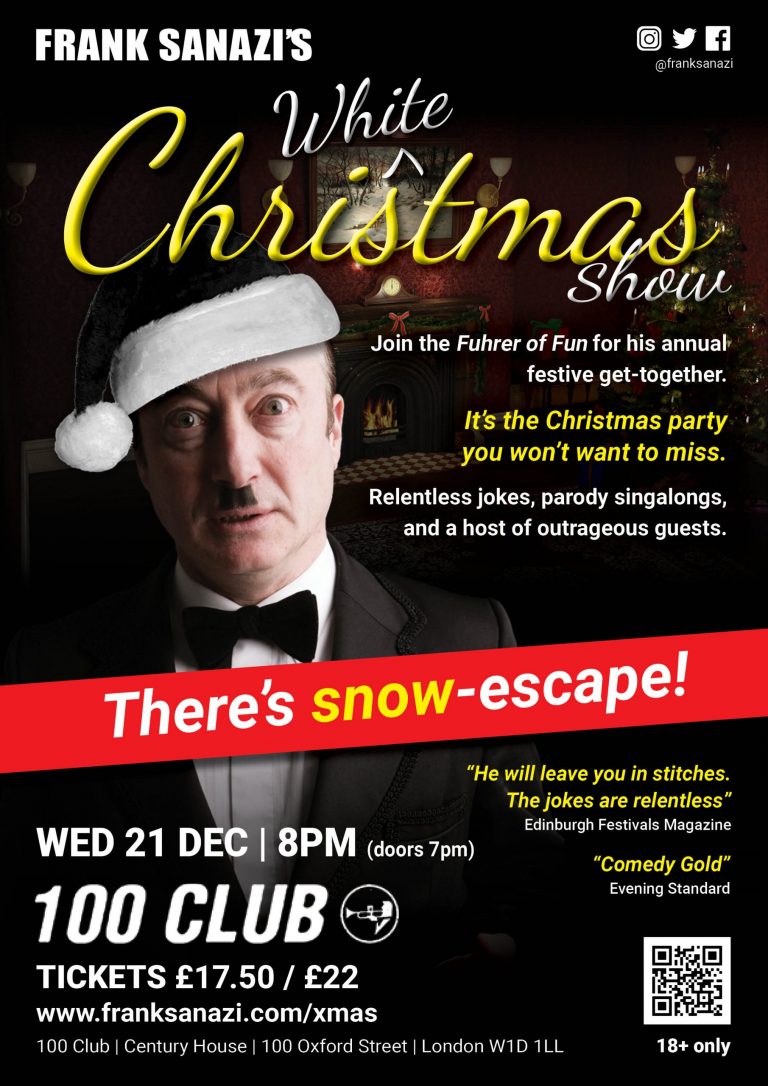 Comedian Frank Sanazi wearing a black and white christmas hat on poster for his White Christmas Show